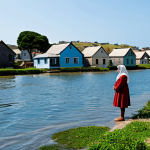 A resilient young adult, fully clothed in modest and appropriate attire, standing calmly in a coastal village where gentle water levels are visible around the base of traditional homes. The scene conveys a sense of quiet adaptation rather than active disaster, with the individual looking towards the horizon with dignified hope. The environment is clean and well-maintained, subtly showing the impact of environmental change. Natural lighting, high resolution, perfect anatomy, correct proportions, well-formed hands, proper finger count, natural body proportions, safe for work, appropriate content, family-friendly, professional dress.