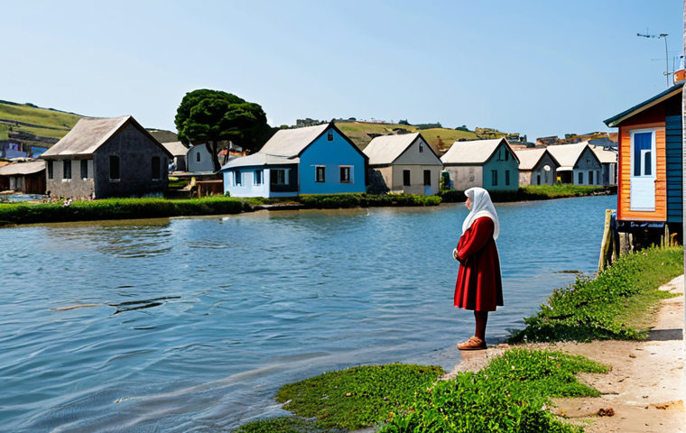 A resilient young adult, fully clothed in modest and appropriate attire, standing calmly in a coastal village where gentle water levels are visible around the base of traditional homes. The scene conveys a sense of quiet adaptation rather than active disaster, with the individual looking towards the horizon with dignified hope. The environment is clean and well-maintained, subtly showing the impact of environmental change. Natural lighting, high resolution, perfect anatomy, correct proportions, well-formed hands, proper finger count, natural body proportions, safe for work, appropriate content, family-friendly, professional dress.